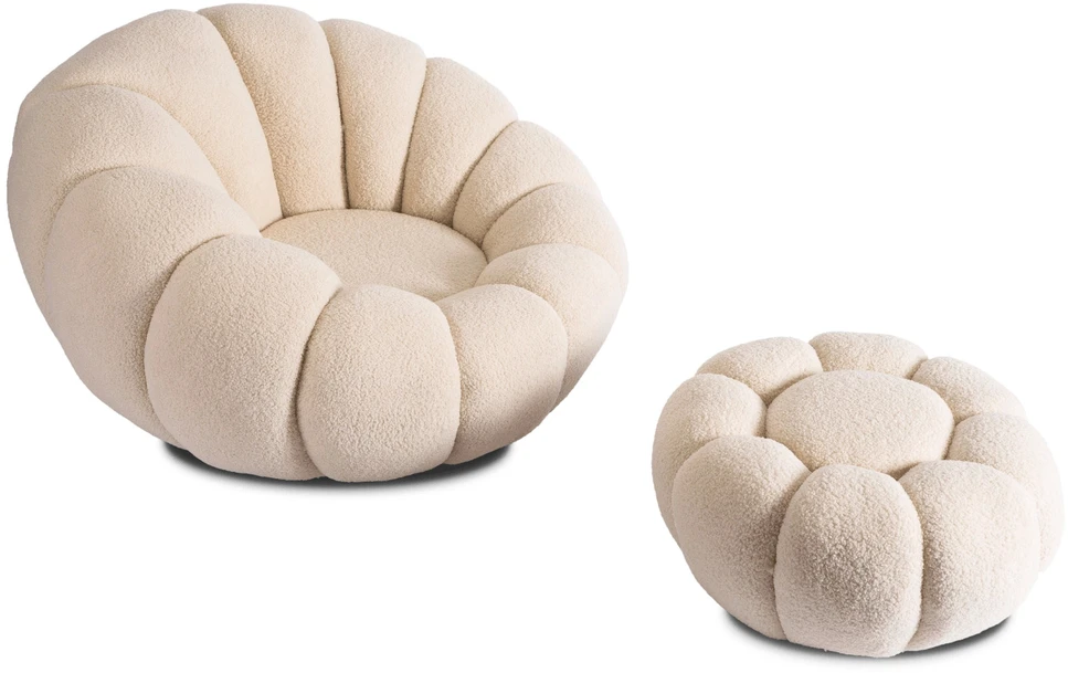 Fotelis PETTIT smėlio spalvos pasukamas poilsio krėslas su pufu iš „Teddy Boucle“ audinio