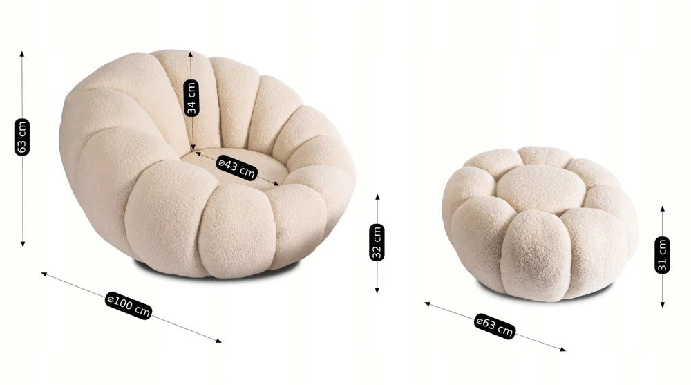 Fotelis PETTIT smėlio spalvos pasukamas poilsio krėslas su pufu iš „Teddy Boucle“ audinio
