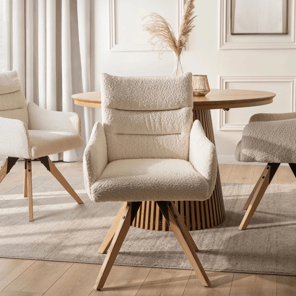 Fotelis Mebel Elite WILLA kreminės spalvos modernus buklė apmuštas besisukantis krėslas