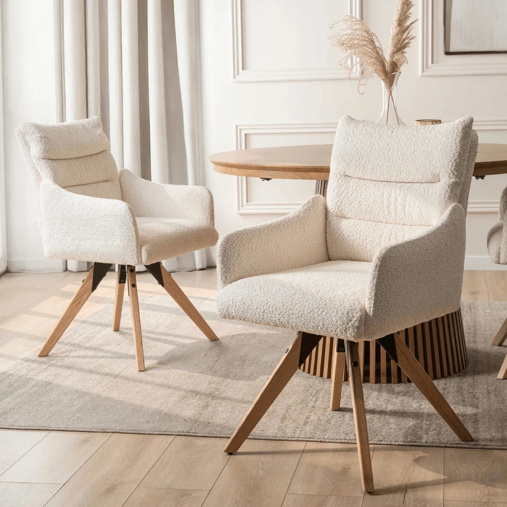 Fotelis Mebel Elite WILLA kreminės spalvos modernus buklė apmuštas besisukantis krėslas