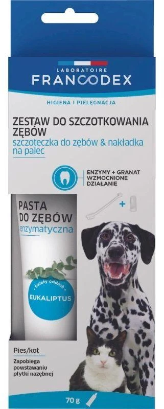 Gyvūnų priežiūra - FRANCODEX Dantų šepetėlis ir dantų pasta rinkinys (70g, be cukraus, be glitimo)