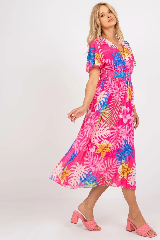 Fuksijos spalvos gėlėta suknelė Italy Moda