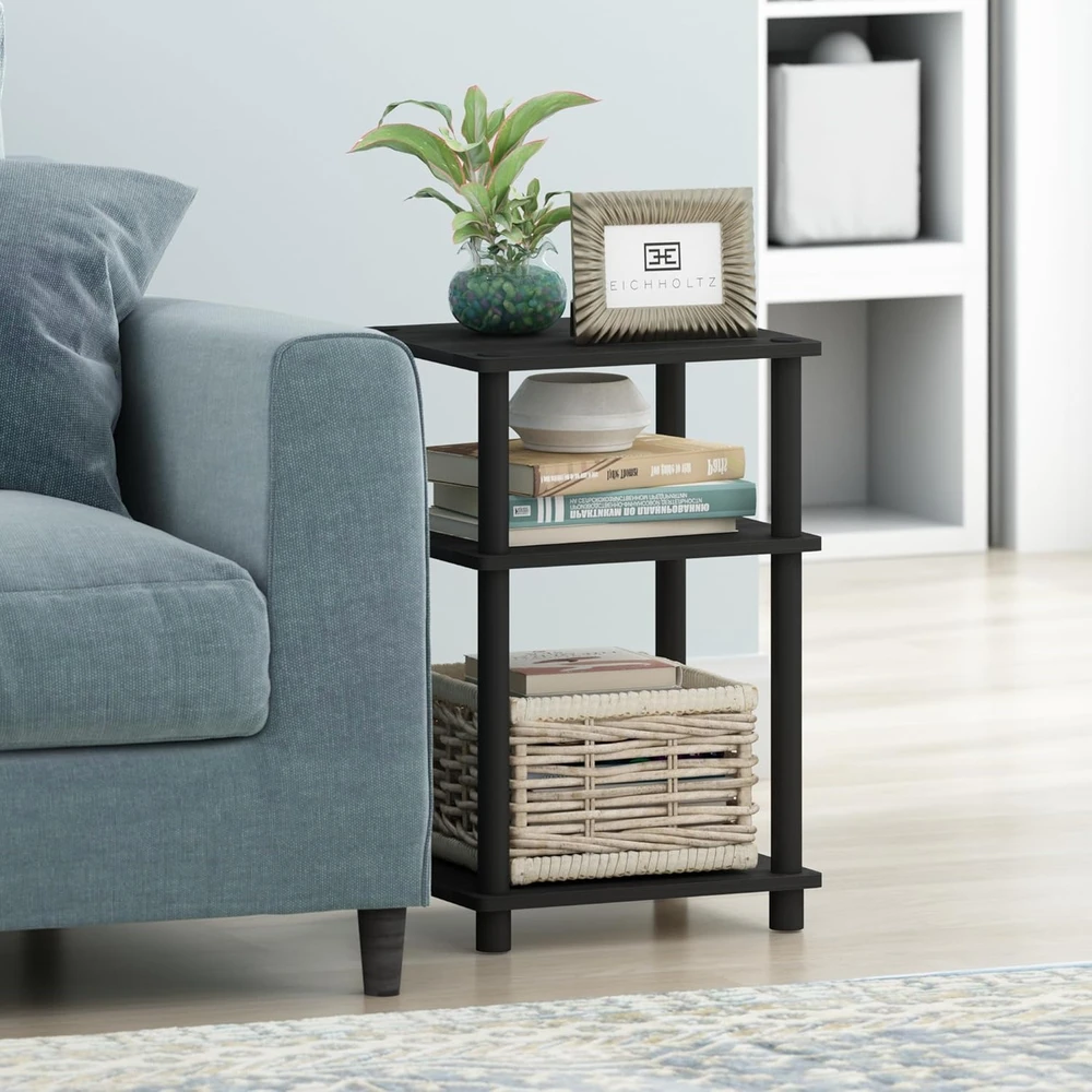 Furinno 3 lentynų kompaktiškas šoninis staliukas, inžinerinis medis, juodas, Turn-N-Tub
