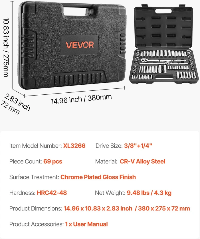 VEVOR Automobilių 69 dalių galvučių rinkinys