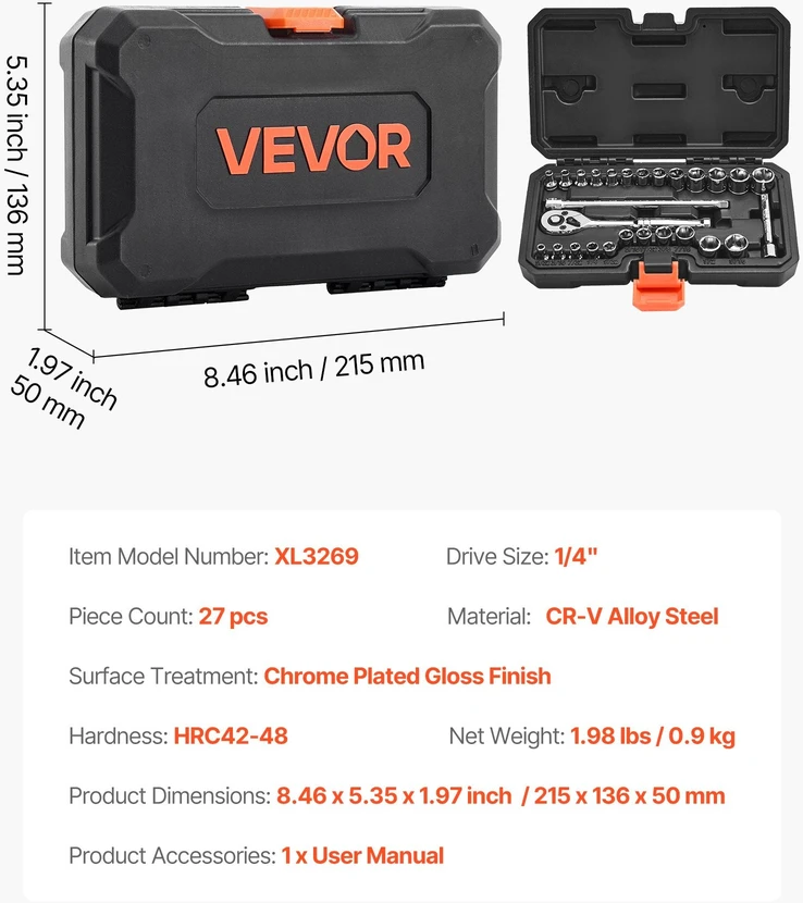 VEVOR 27 dalių rinkinys su terkšle ir galvutėmis