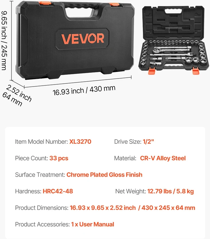 VEVOR Galvučių rinkinys 33 vnt. 12,7 mm
