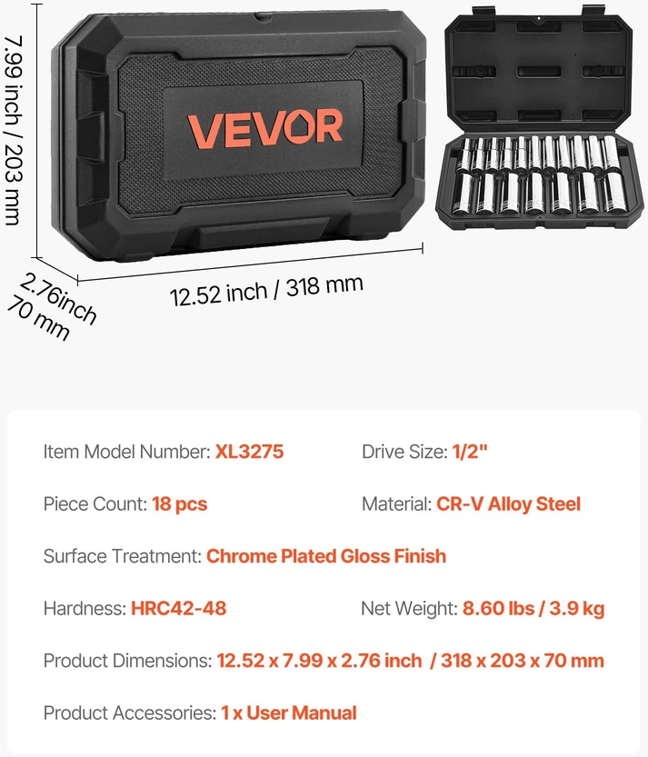 VEVOR Raktų rinkinys, 18 vnt., 12,7 mm metu