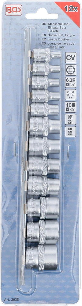 BGS GALVUČIŲ RINKINYS, E TIPO | 6,3 MM (1/4") / 10 MM (3/8") KVADRATINĖ JUNGTIS | E4–E20 | 12 VNT. (2038)