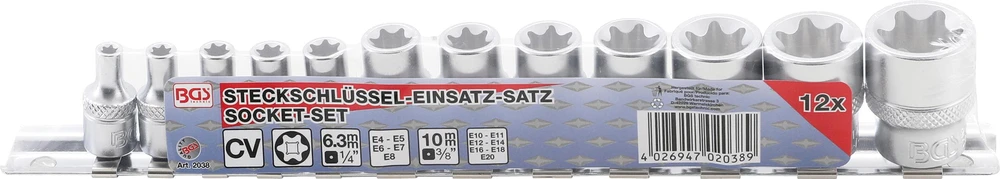 BGS GALVUČIŲ RINKINYS, E TIPO | 6,3 MM (1/4") / 10 MM (3/8") KVADRATINĖ JUNGTIS | E4–E20 | 12 VNT. (2038)