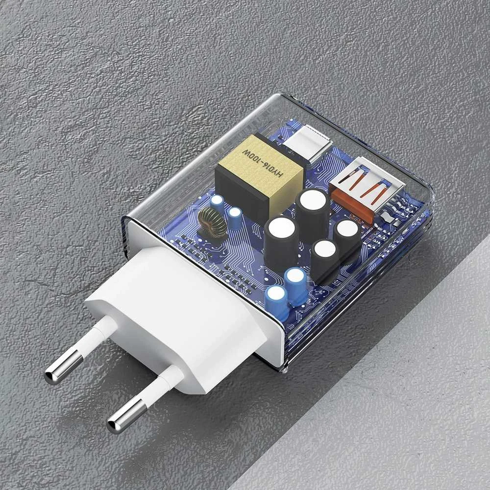GaN Dudao A30EUT 30W USB-A / USB-C laidinis įkroviklis + USB-C – USB-C kabelis – baltos spalvos