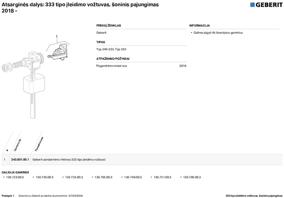 Geberit įleidimo vožtuvui rinkinys keraminiais bakeliais WC puodui (Ifö/IDO/Porsgrund Spira Art 6250, Spira Art 2.0, Glow Art, Vinta Art) 2024 -