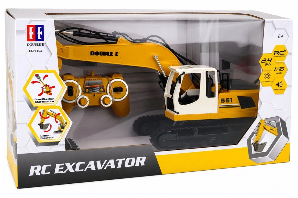 Lean Toys Nuotoliniu būdu valdomas vikšrinis ekskavatorius su šviesos ir garso efektais, geltonas, 49 × 23 × 10 cm