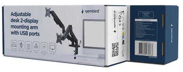 „Gembird MA-DA2U-01“ reguliuojamo aukščio stalo laikiklis 2 ekranams su USB jungtimis, 17–32 coliai, juodas