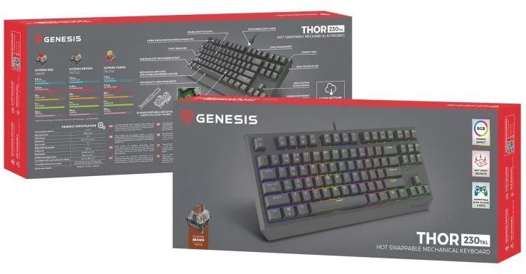 Ausinės GENESIS Thor 230 TKL žaidimų klaviatūra USB QWERTY JAV Anglų Juoda