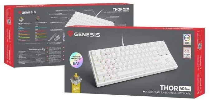 Genesis | THOR 404 TKL | Mechaninė klaviatūra žaidimams | su laidu | US | Gateron Geltona Pro | Baltas | RGB