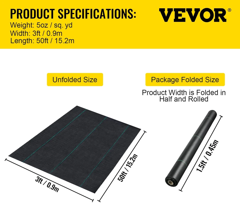 VEVOR Piktžolių barjerinė danga, 0.9 x 15.2 m, 5OZ