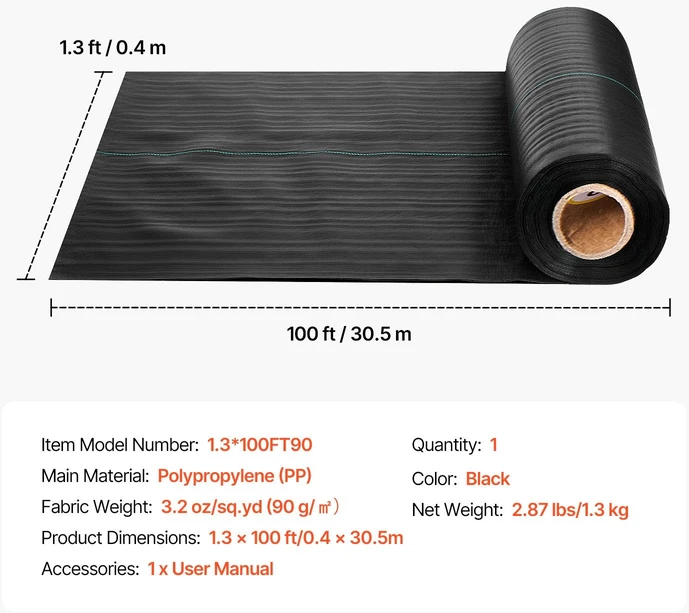 VEVOR Piktžolių barjeras audinys, 0.4 x 30.5m, juodas