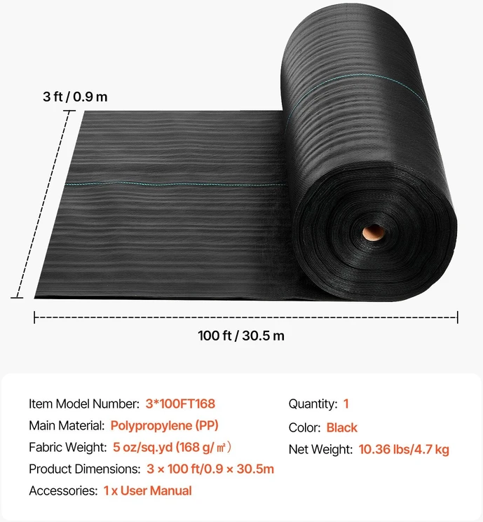 VEVOR Piktžolių barjerinė danga 0.9x30.5 m juoda