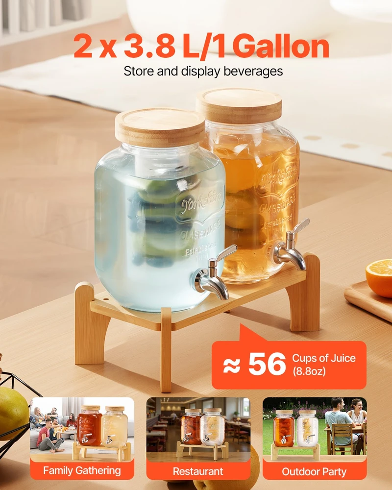 VEVOR Stiklinis gėrimų dozatorius su stovu 3,8 l