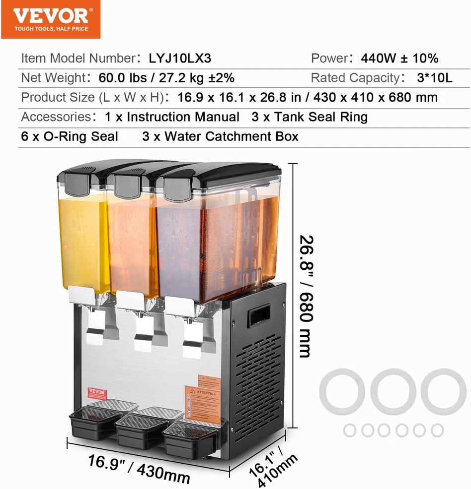 Vevor Komercinis gėrimų dozatorius 3 x 10L