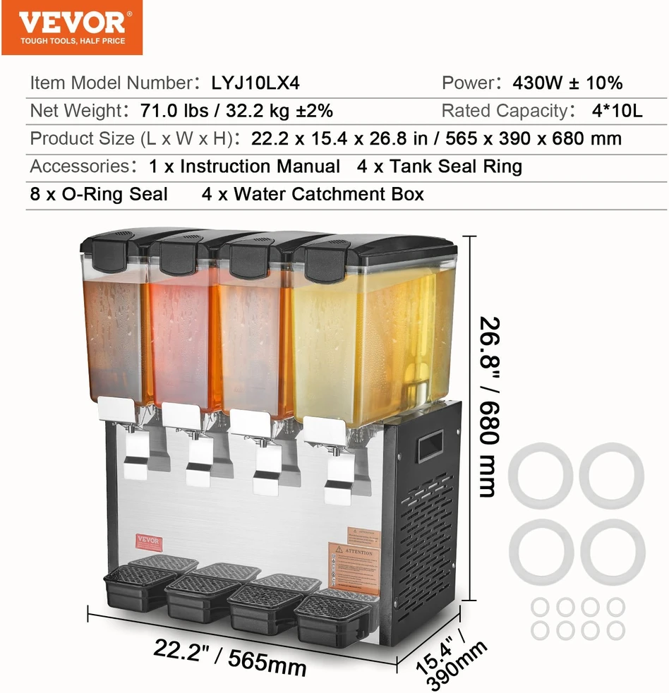 VEVOR Kompaktiškas gėrimų dalytuvas, 10 l x 4 talpos
