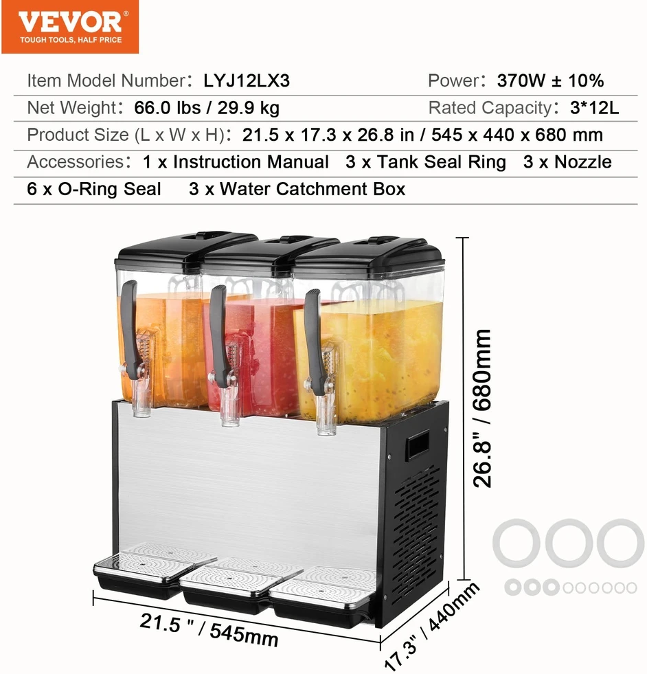 VEVOR Komercinis 12L x 3 talpų gėrimų skirstytuvas
