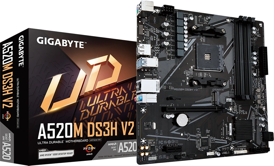 Pagrindinė plokštė Gigabyte A520M DS3H V2 (rev. 1.0), itin patvari pagrindinė plokštė su skaitmeniniu VRM sprendimu, GbE LAN, išmaniuoju ventiliatoriumi "Smart Fan 5" su FAN STOP funkcija