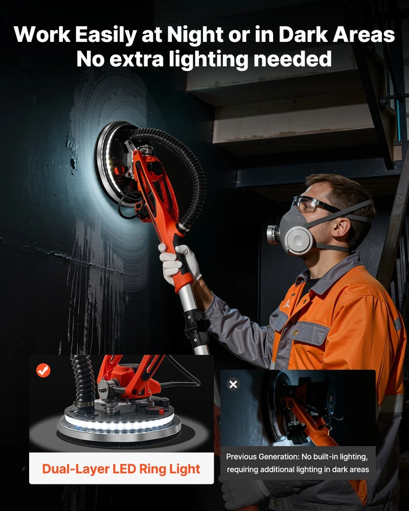 VEVOR 950W gipskartonio šlifuoklis su LED apšvietimu