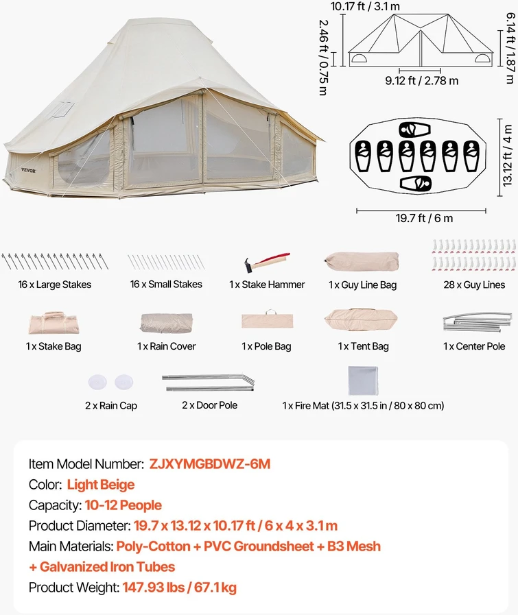 Glampingo palapinė VEVOR ZJXYMGBDWZ-6M, 6 x 4 x 3.1 m