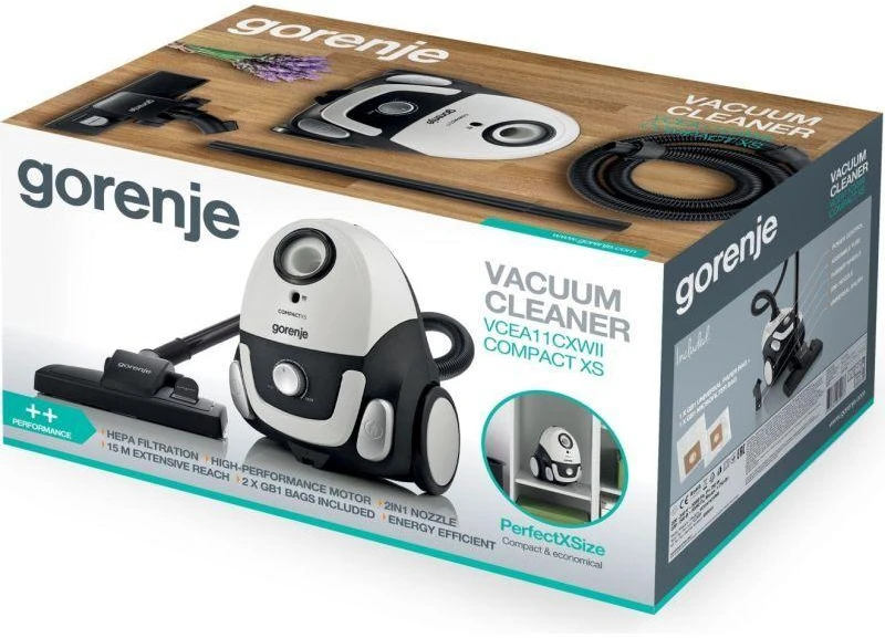 Gorenje VCEA11CXWII dulkių siurblys, 2 l, cilindrinis, sausam valymui, 750 W, su dulkių maišeliu
