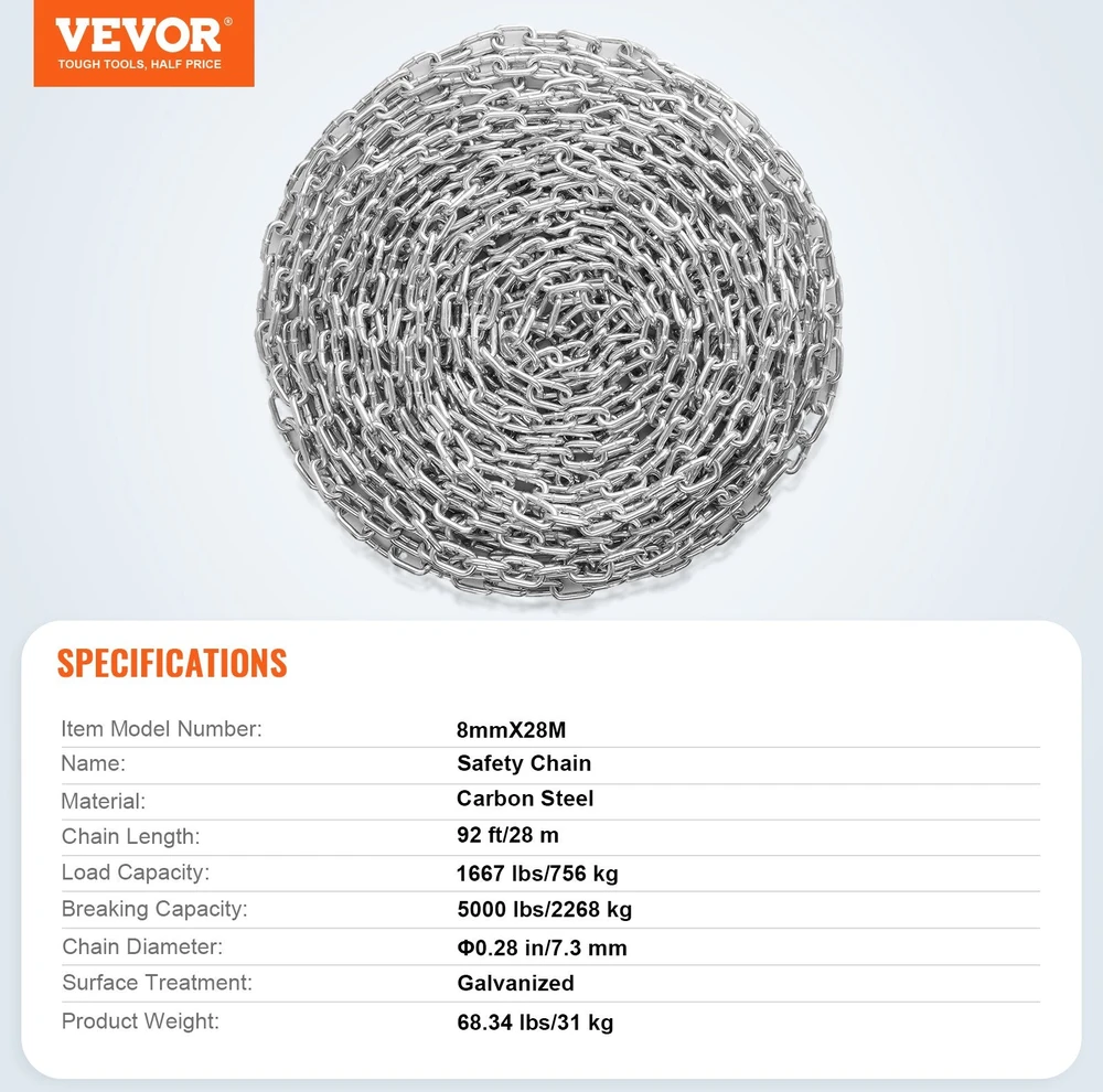 VEVOR Cinkuota plieno grandinė 8 mm x 28 m