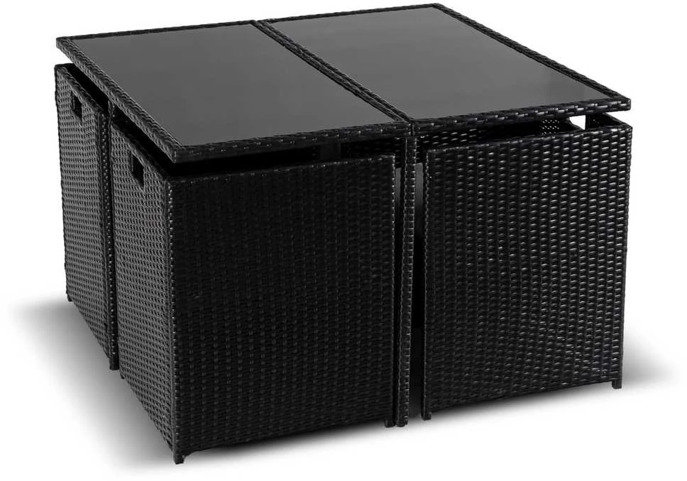 Lauko baldų komplektas BONITO sodo baldų komplektas, juodi/kreminiai foteliai, pufai, modernus technoratano stalas