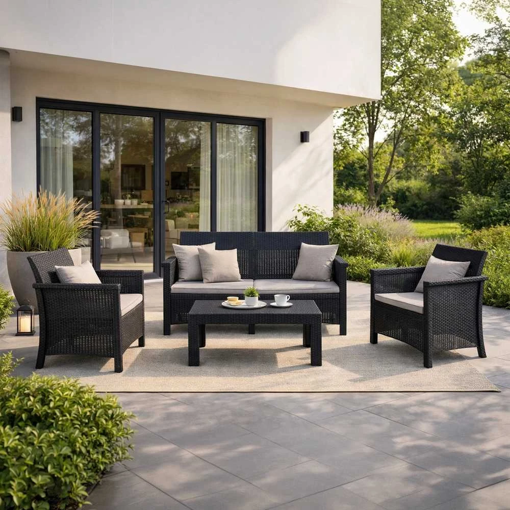 Lauko baldų komplektas BRENTA sodo baldų komplektas, juodas/pilkas, 2 foteliai, sofa, terasos stalas, modernus technoratanas