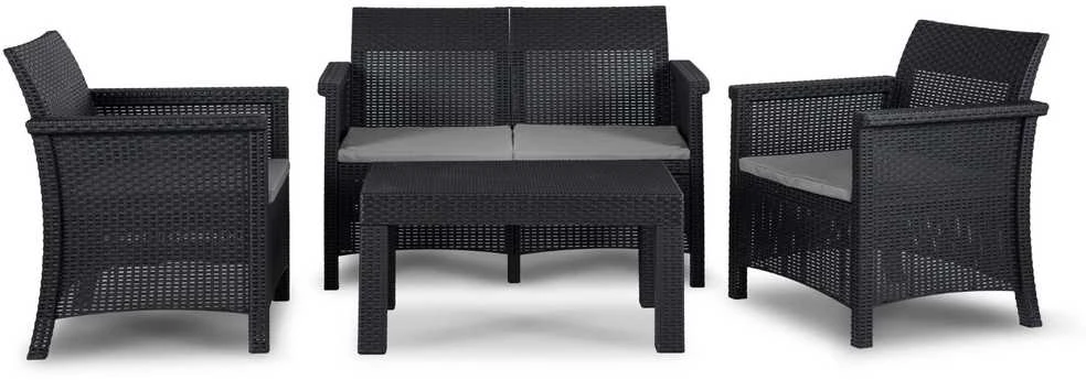 Lauko baldų komplektas BRENTA sodo baldų komplektas, juodas/pilkas, 2 foteliai, sofa, terasos stalas, modernus technoratanas