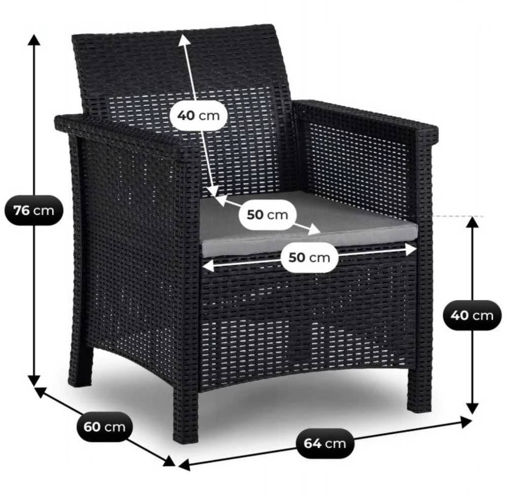 Lauko baldų komplektas BRENTA sodo baldų komplektas, juodas/pilkas, 2 foteliai, sofa, terasos stalas, modernus technoratanas