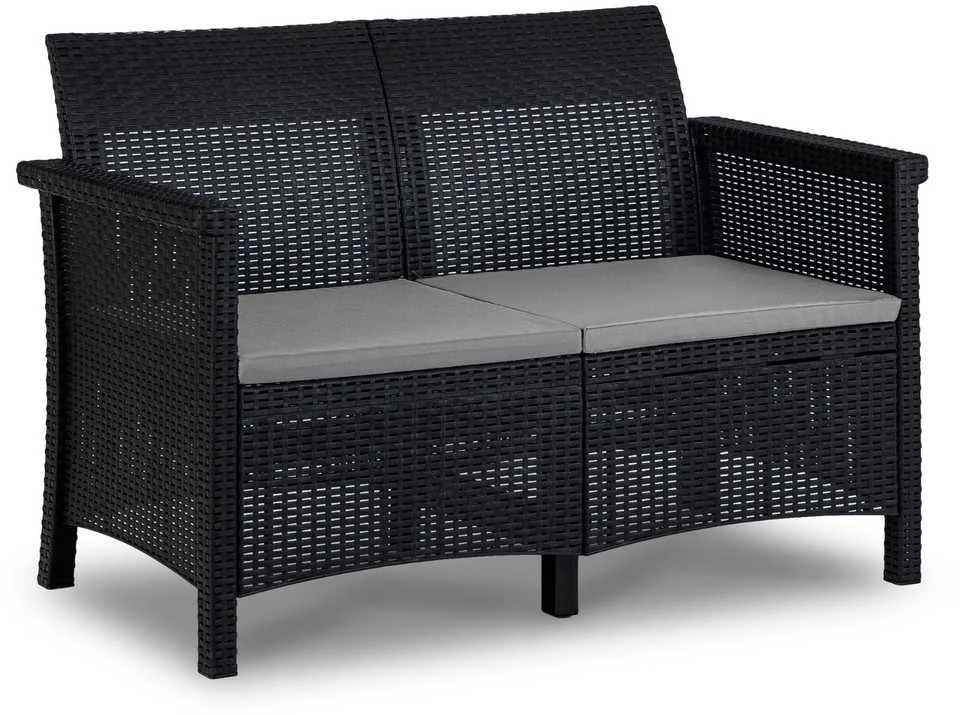 Lauko baldų komplektas BRENTA sodo baldų komplektas, juodas/pilkas, 2 foteliai, sofa, terasos stalas, modernus technoratanas