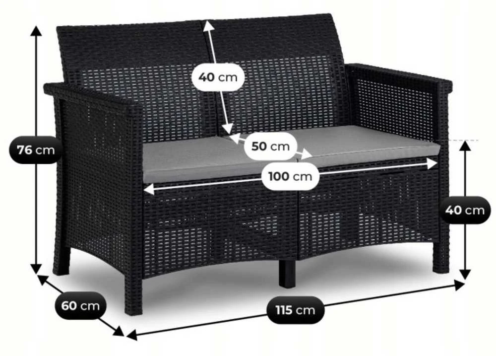 Lauko baldų komplektas BRENTA sodo baldų komplektas, juodas/pilkas, 2 foteliai, sofa, terasos stalas, modernus technoratanas