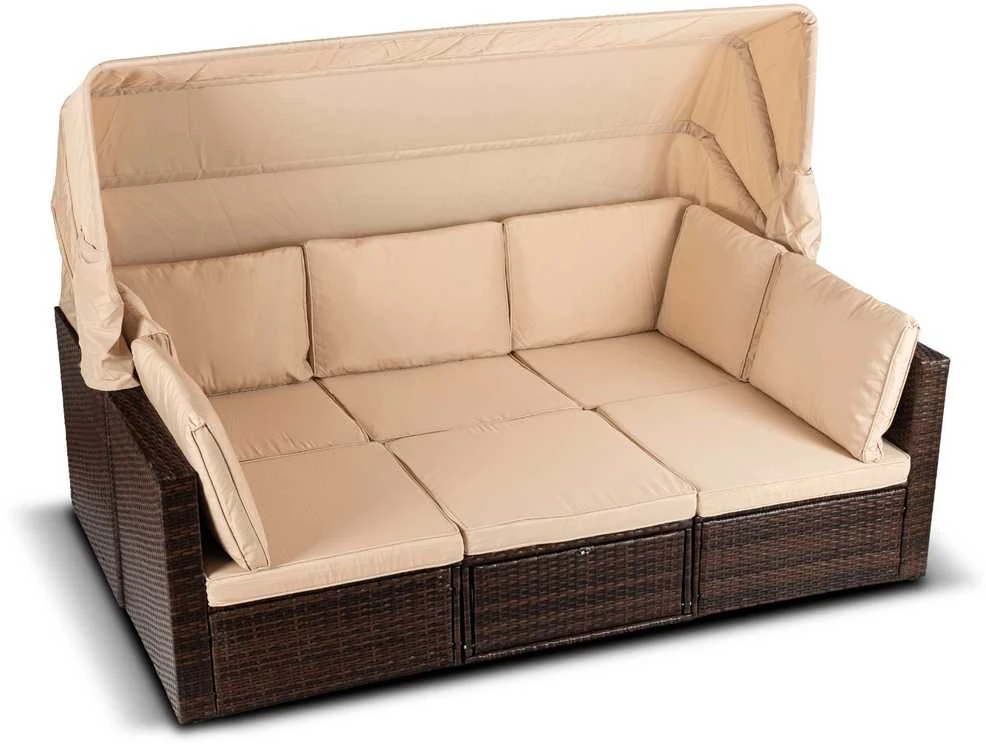 Lauko baldų komplektas CALIENTE sodo baldų komplektas: modulinė sofa, 2 foteliai, terasos stalas, ruda/smėlio spalvos, modernus technoratanas