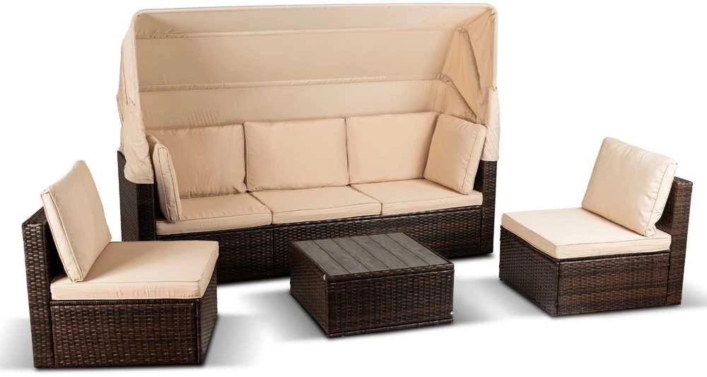 Lauko baldų komplektas CALIENTE sodo baldų komplektas: modulinė sofa, 2 foteliai, terasos stalas, ruda/smėlio spalvos, modernus technoratanas