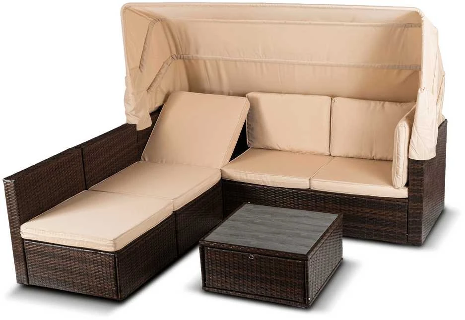 Lauko baldų komplektas CALIENTE sodo baldų komplektas: modulinė sofa, 2 foteliai, terasos stalas, ruda/smėlio spalvos, modernus technoratanas