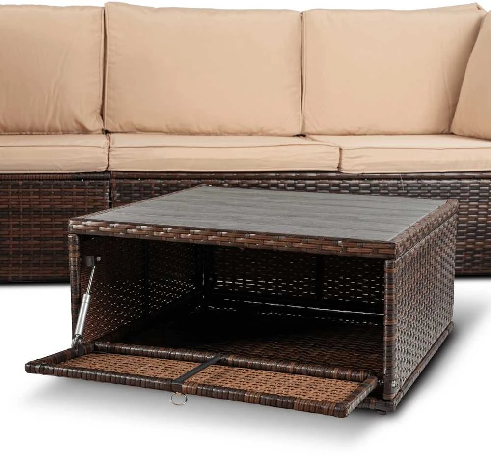 Lauko baldų komplektas CALIENTE sodo baldų komplektas: modulinė sofa, 2 foteliai, terasos stalas, ruda/smėlio spalvos, modernus technoratanas