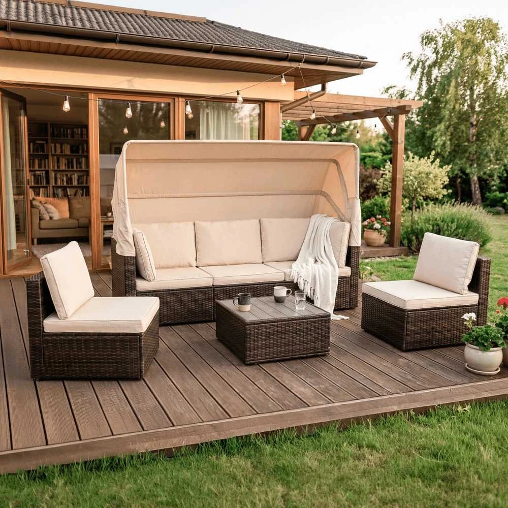 Lauko baldų komplektas CALIENTE sodo baldų komplektas: modulinė sofa, 2 foteliai, terasos stalas, ruda/smėlio spalvos, modernus technoratanas