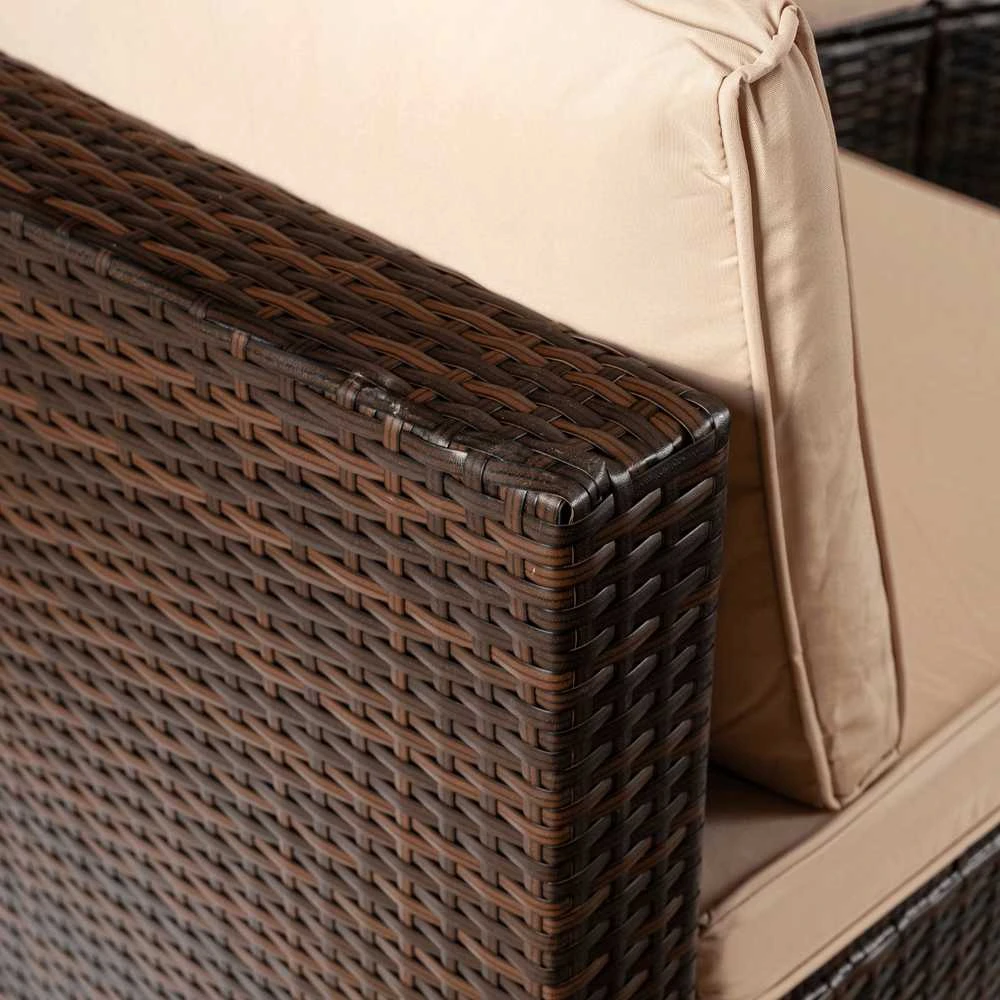 Lauko baldų komplektas CALIENTE sodo baldų komplektas: modulinė sofa, 2 foteliai, terasos stalas, ruda/smėlio spalvos, modernus technoratanas