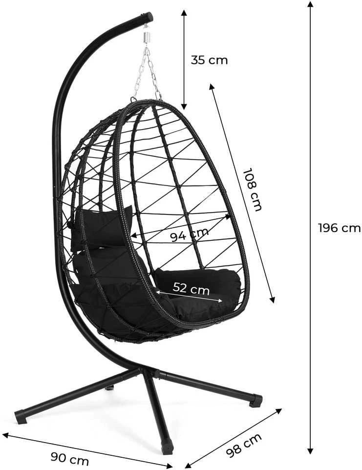 „Cocoon“ pakabinama kėdė, laisvai stovinti, supamoji sodo kėdė, iki 120 kg, pagalvėlės, juodos, „MultiGarden“