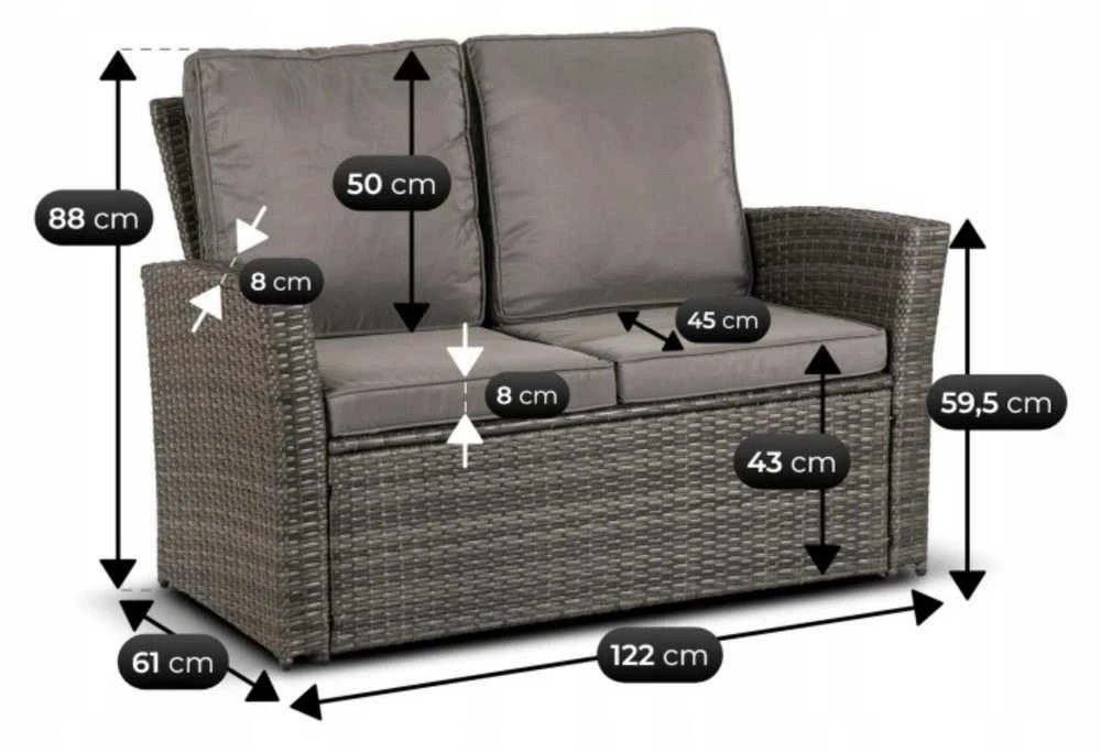 Lauko baldų komplektas DELGADO sodo baldų komplektas, pilka, sofa, foteliai, pufai, stalas, technoratanas, modernus