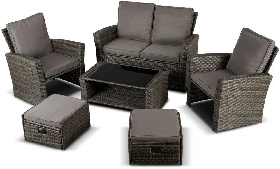 Lauko baldų komplektas DELGADO sodo baldų komplektas, pilka, sofa, foteliai, pufai, stalas, technoratanas, modernus