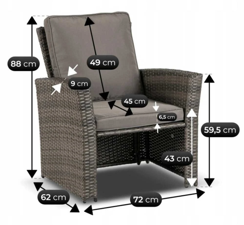Lauko baldų komplektas DELGADO sodo baldų komplektas, pilka, sofa, foteliai, pufai, stalas, technoratanas, modernus