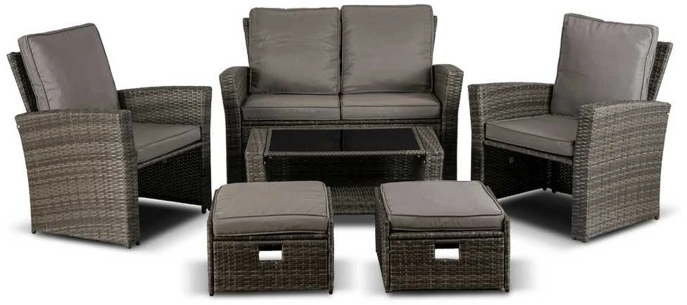 Lauko baldų komplektas DELGADO sodo baldų komplektas, pilka, sofa, foteliai, pufai, stalas, technoratanas, modernus