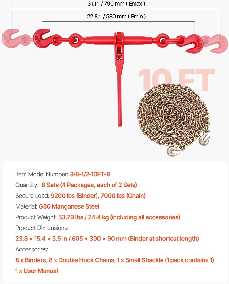 VEVOR Grandininis ratchetas 1 cm x 3 m G80 tvirtinimui