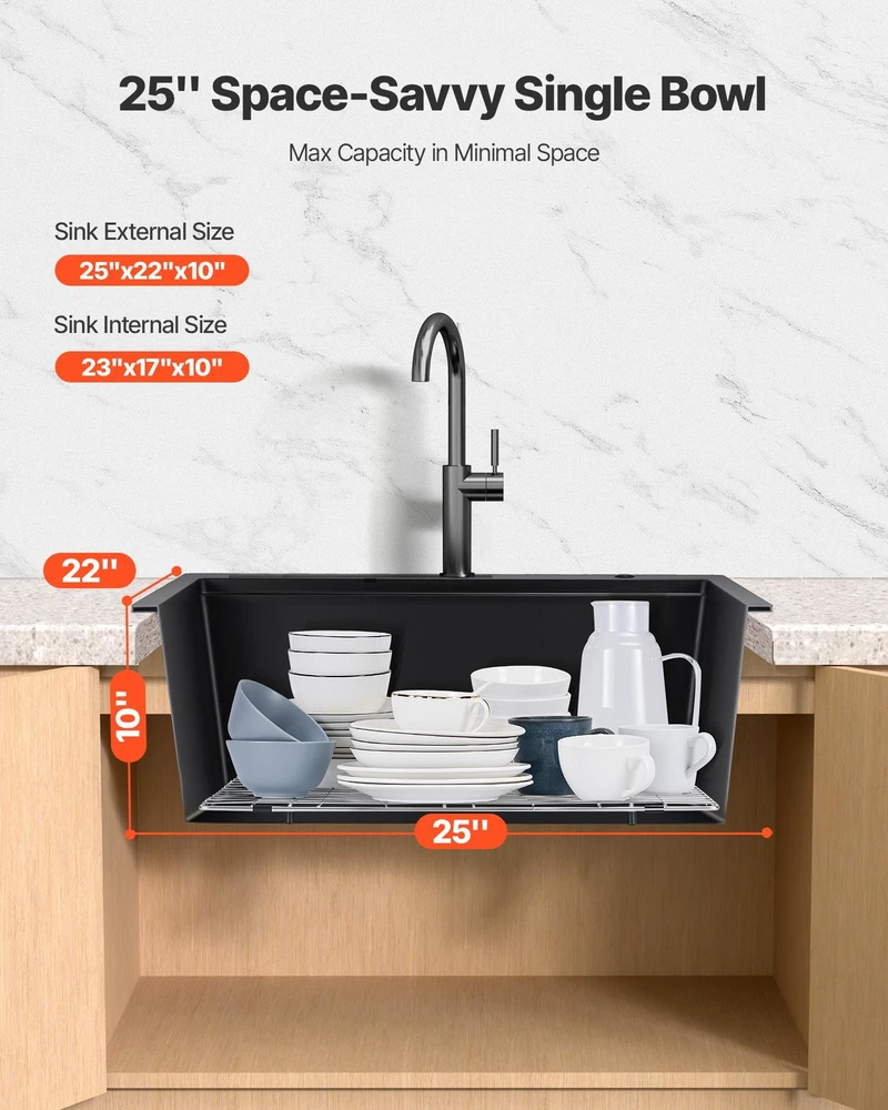 VEVOR 63 cm granito virtuvinė kriauklė vieno dubens